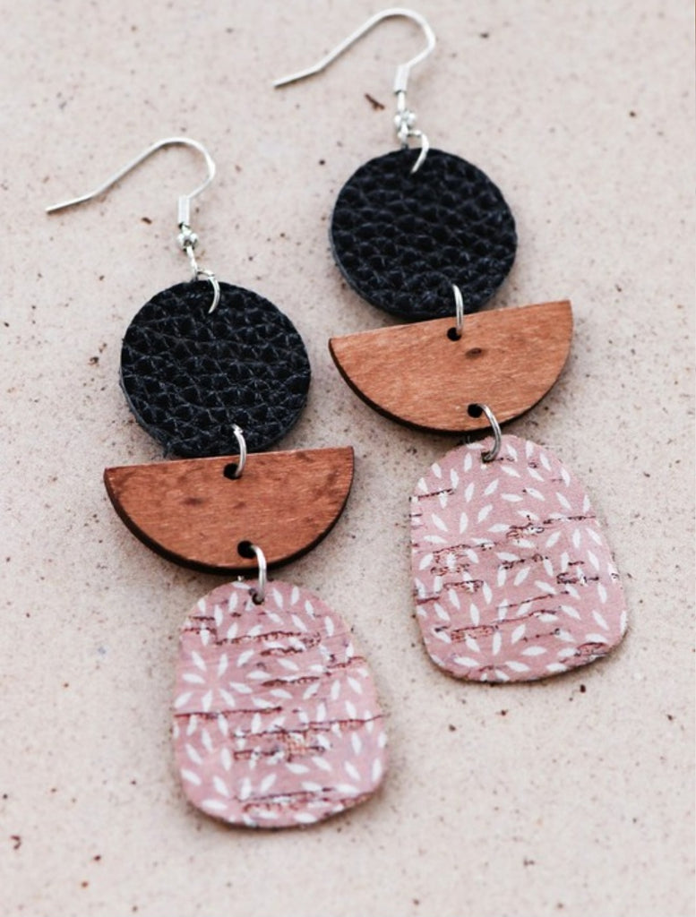 Printed Cork Earrings with wood & leather