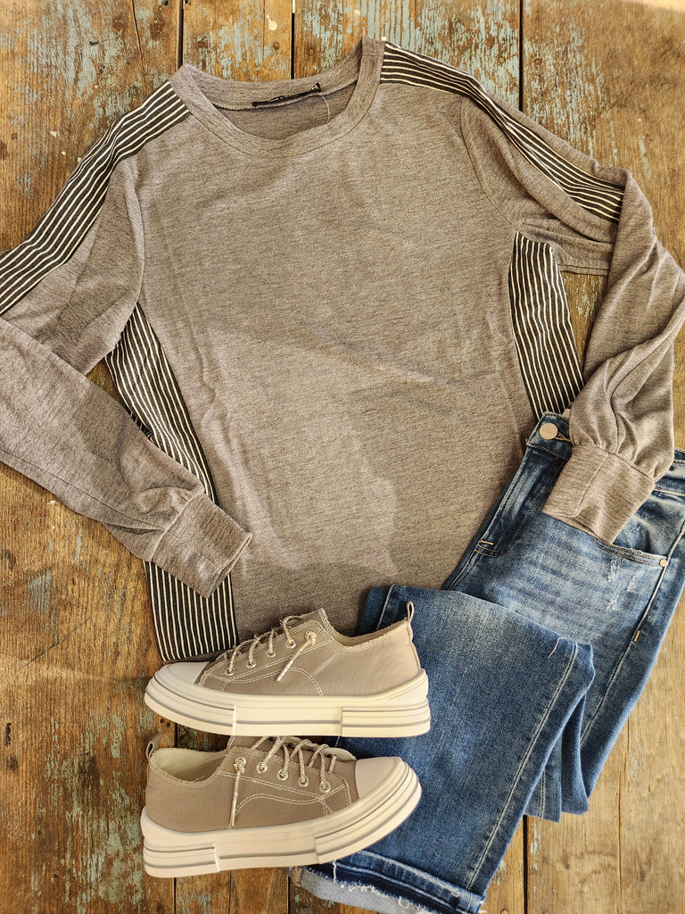 Heather Grey Striped Contrast Pullover