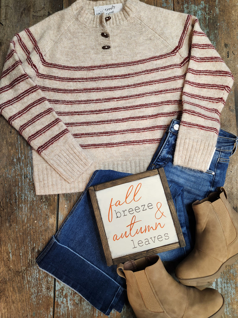 Oatmeal/Red Half Button Striped Sweater