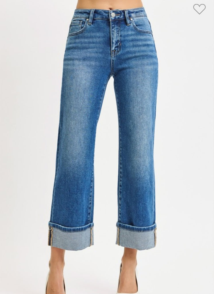 Risen Mid Rise Cropped Straight Cuffed Jeans