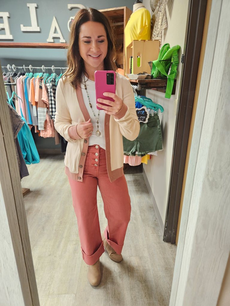 Light Blush Ribbed V-Neck Button Down Cardigan