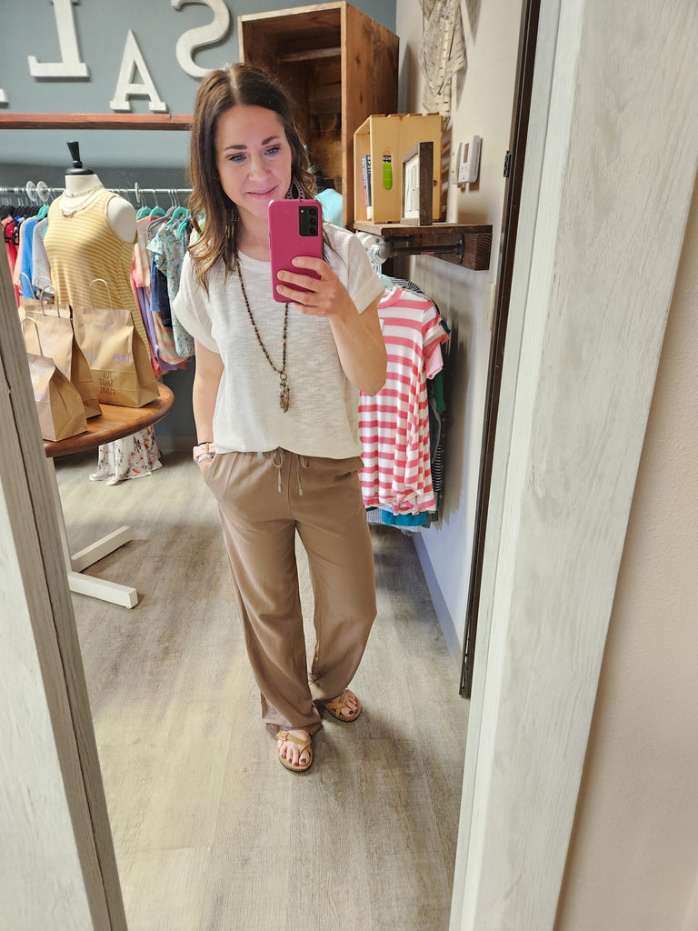 Mocha Drawstring Waist Linen Pants
