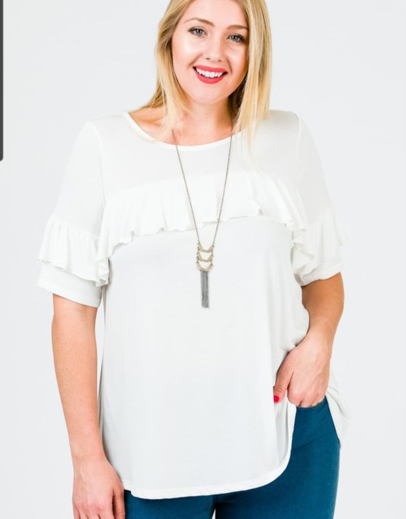 Curvy White Round Neck Ruffle Top