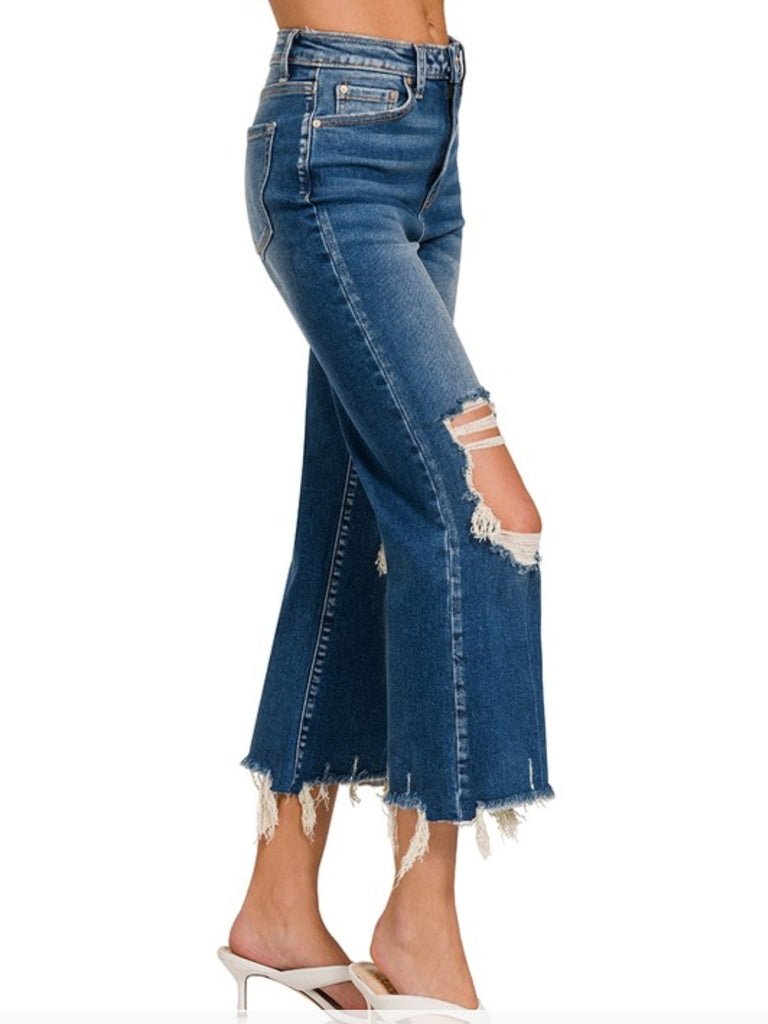 Distressed Knee Raw Frayed Hem Cropped Denim