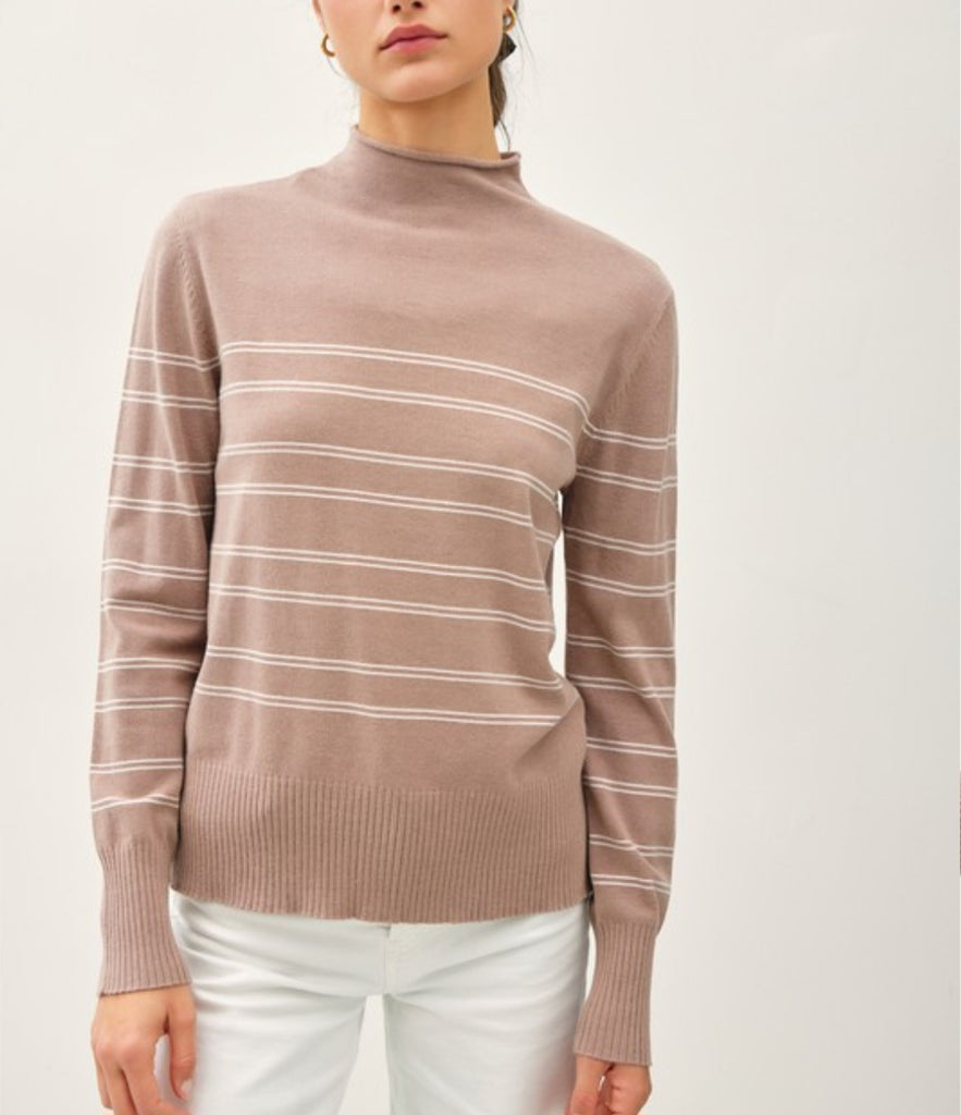 Mocha Double Striped Mock Neck Sweater