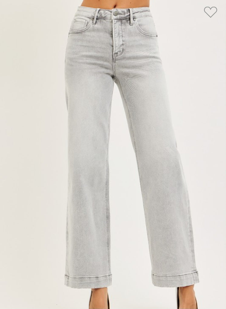 Risen Tummy Control Light Grey High Rise Ankle Wide Jeans