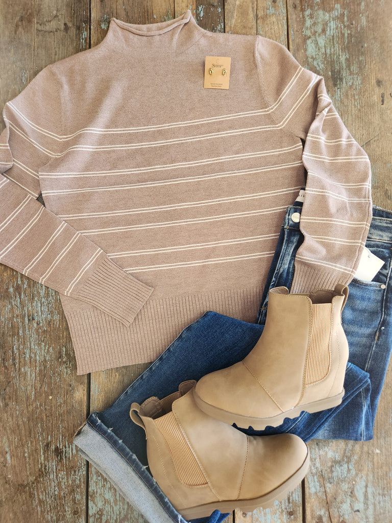 Mocha Double Striped Mock Neck Sweater