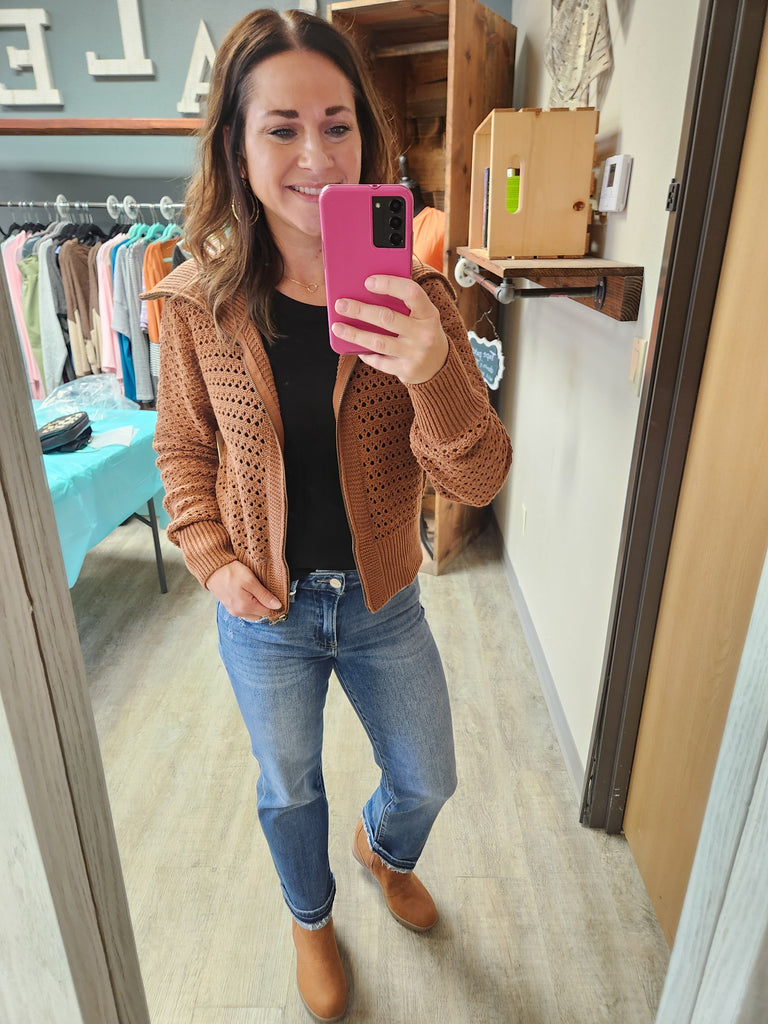 Caramel Zip-Up Open Knit Sweater Jacket