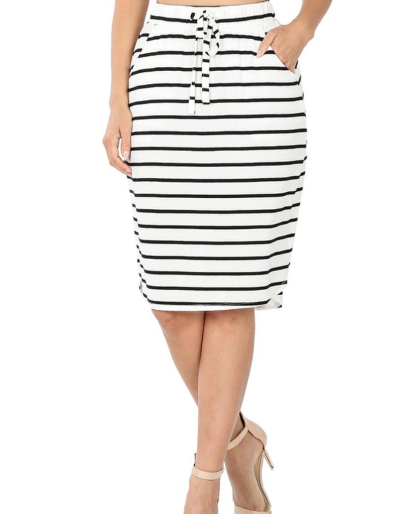 Ivory/Black Stripe Tie Tulip Hem Skirt