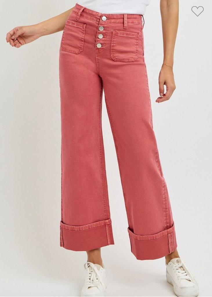 Risen Brick High Rise Wide Legged Cuffed Pants