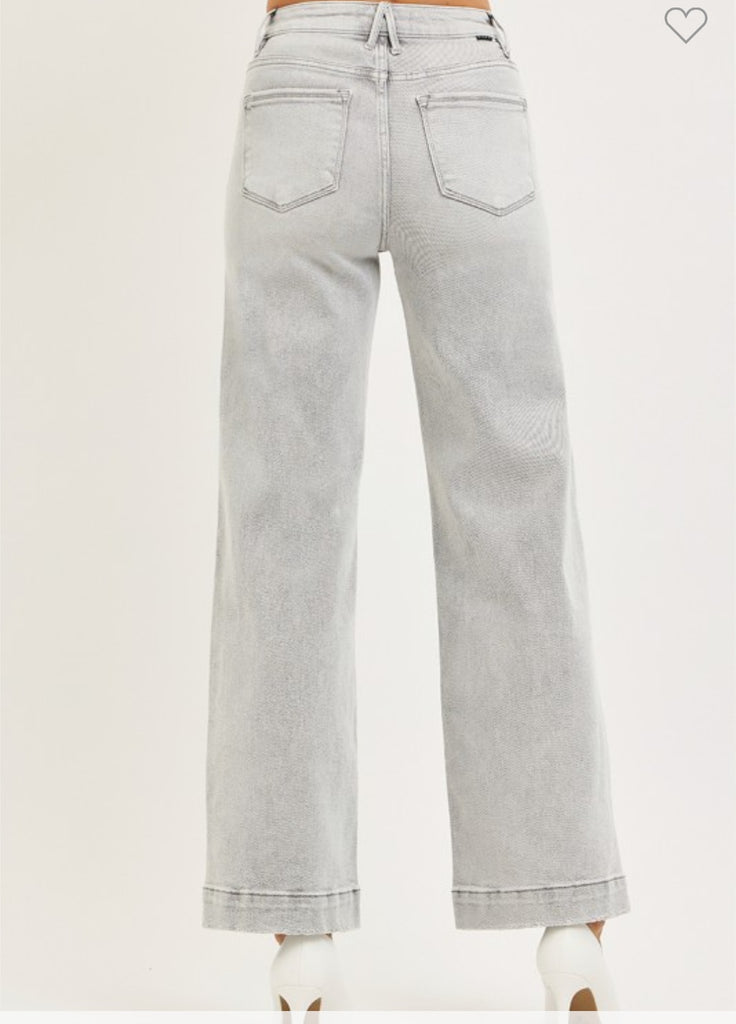 Risen Tummy Control Light Grey High Rise Ankle Wide Jeans