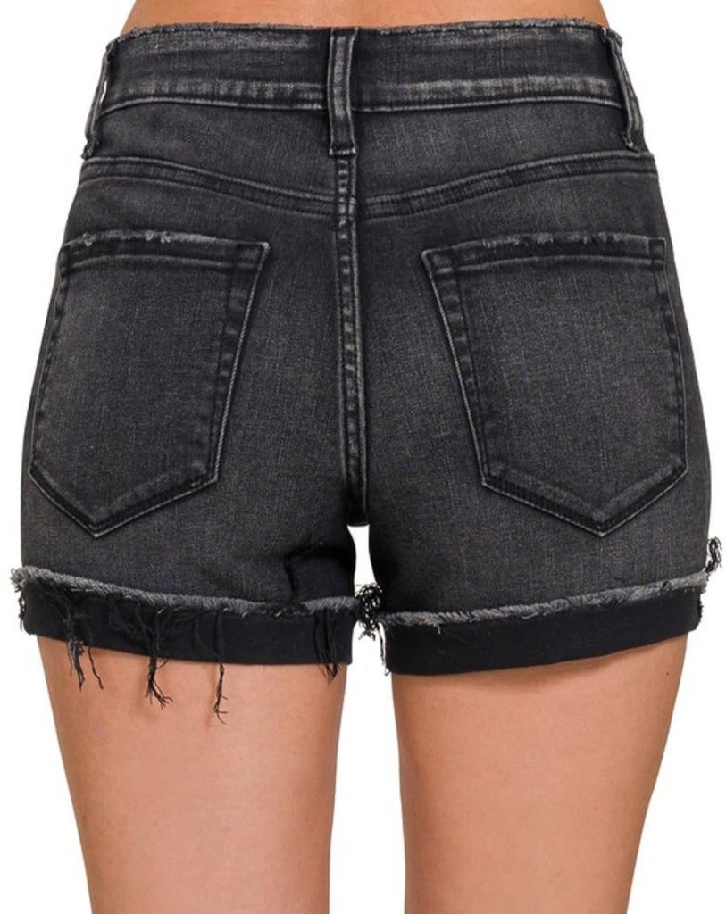 Zenana Black Washed Cuffed Raw Hem Denim Shorts