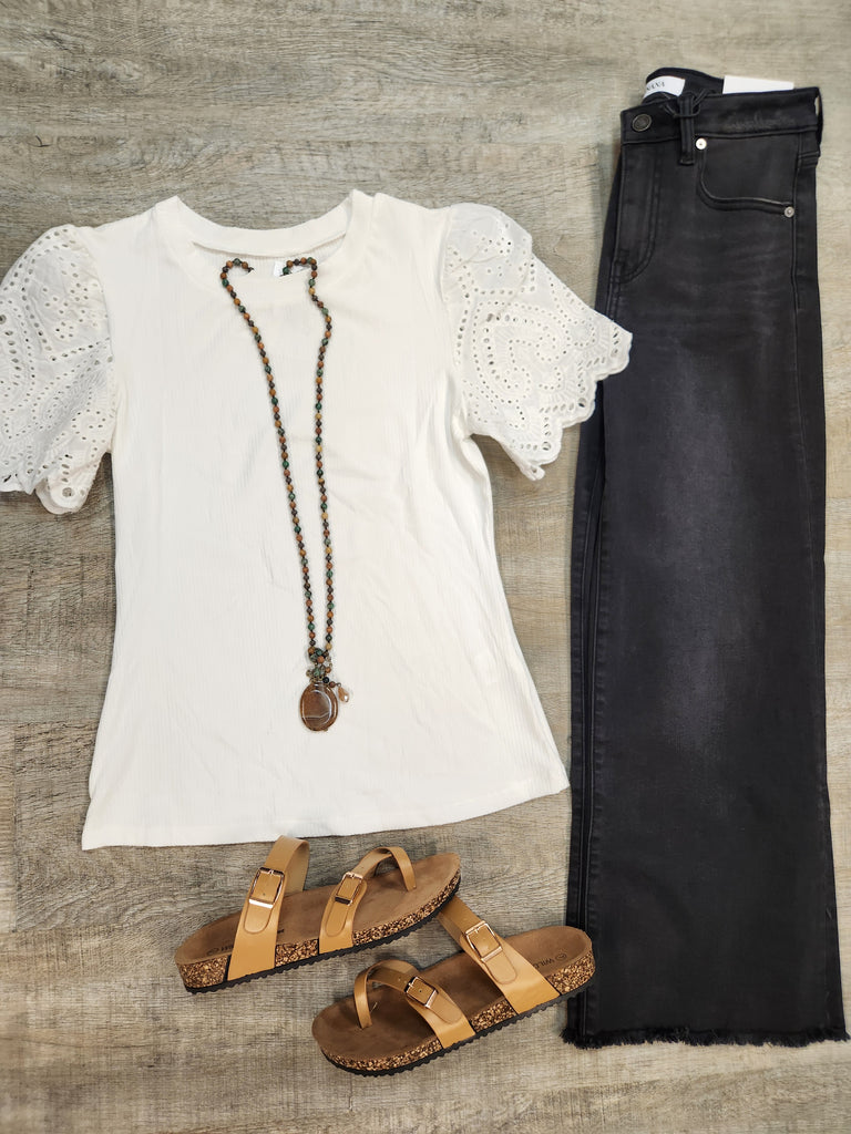 White Eyelet Short Sleeve Patchwork Ribbed Top
