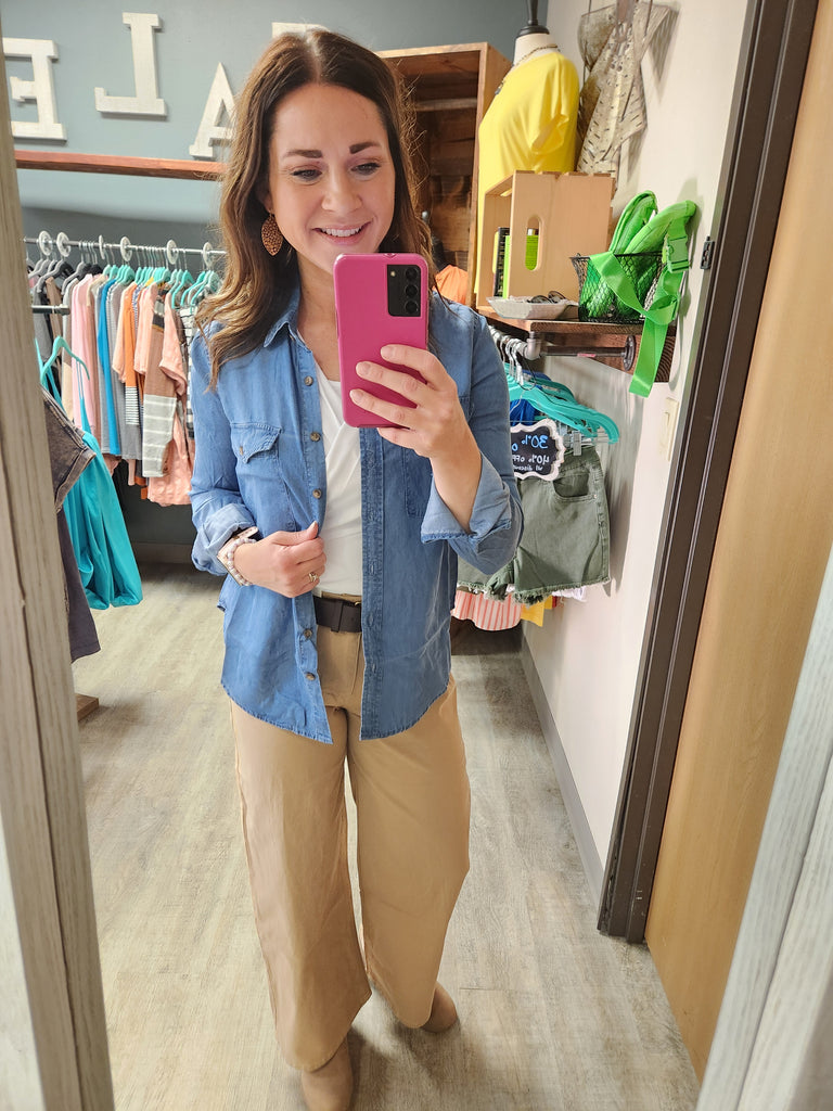 Khaki Belted Relaxed Leg Twill Stretch Pants