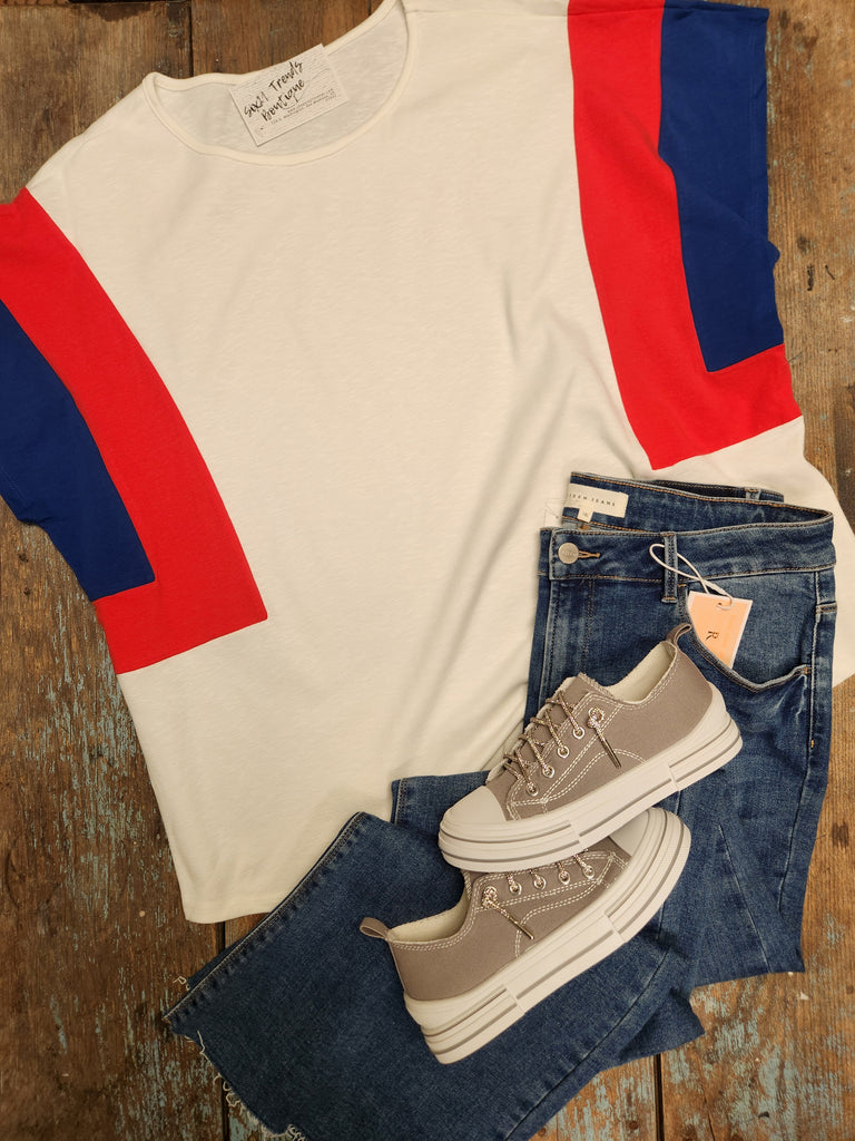Curvy White Color Block Sleeve Top