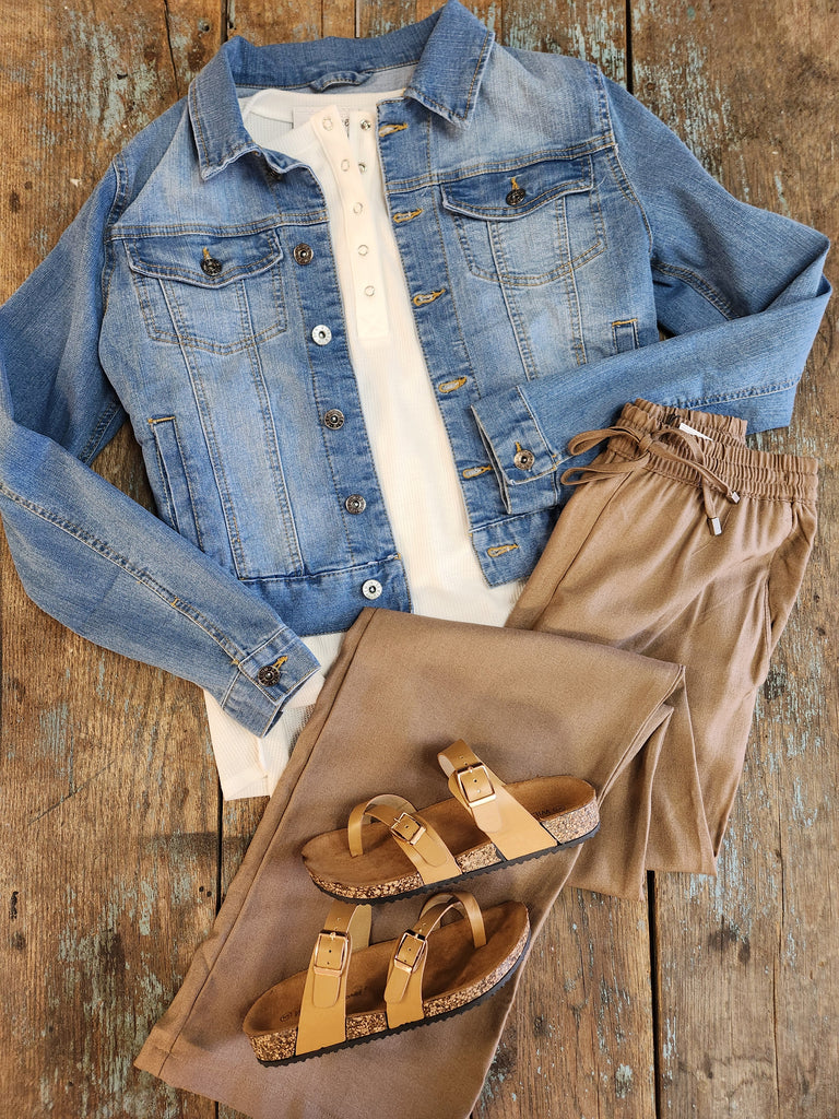 Distressed Button Up Stretchy Cotton Denim Jacket