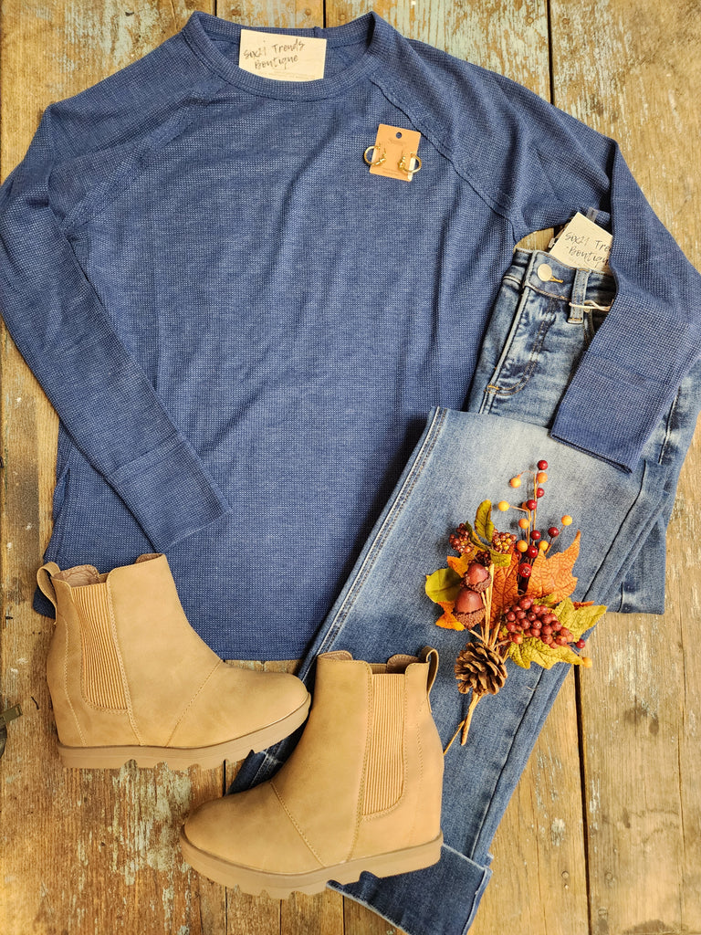 DOORBUSTER Waffle Long Sleeve Top (Light Navy)
