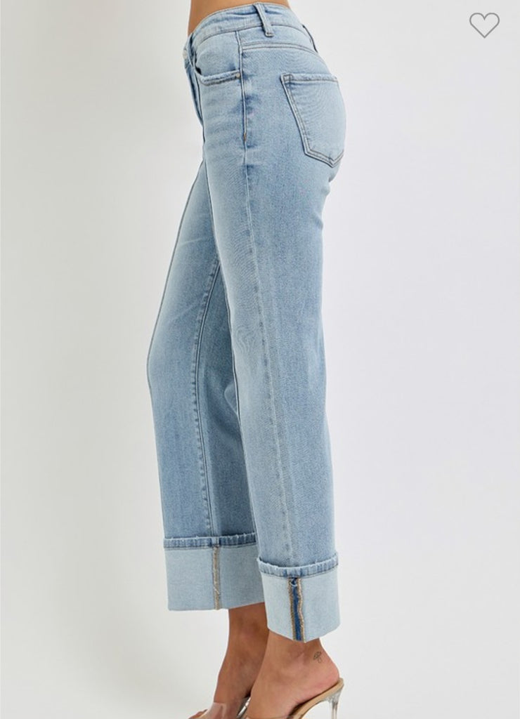 Risen High Rise Ankle Straight Wide Cuffed Jeans