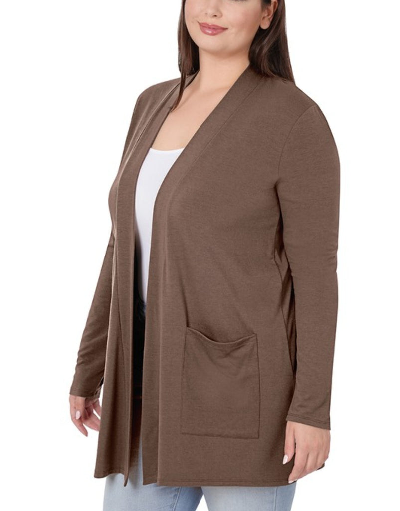 Curvy Slouchy Pocket Open Cardigan (Brown)