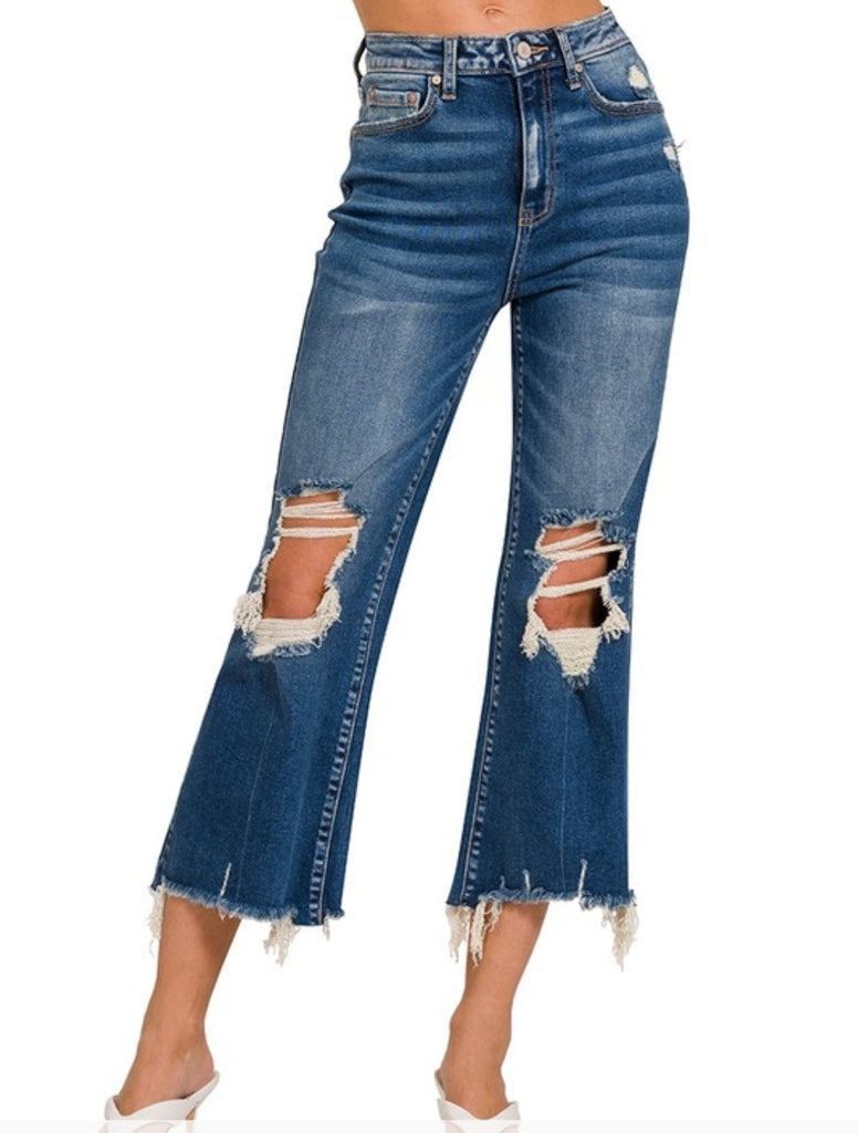 Distressed Knee Raw Frayed Hem Cropped Denim