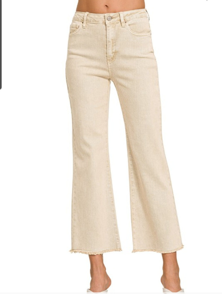 Sand Beige Zenana Acid Washed High Rise Frayed Bootcut Hem Pants