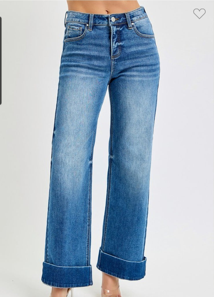 Risen Tummy Control High Rise Ankle Wide Cuffed Jeans