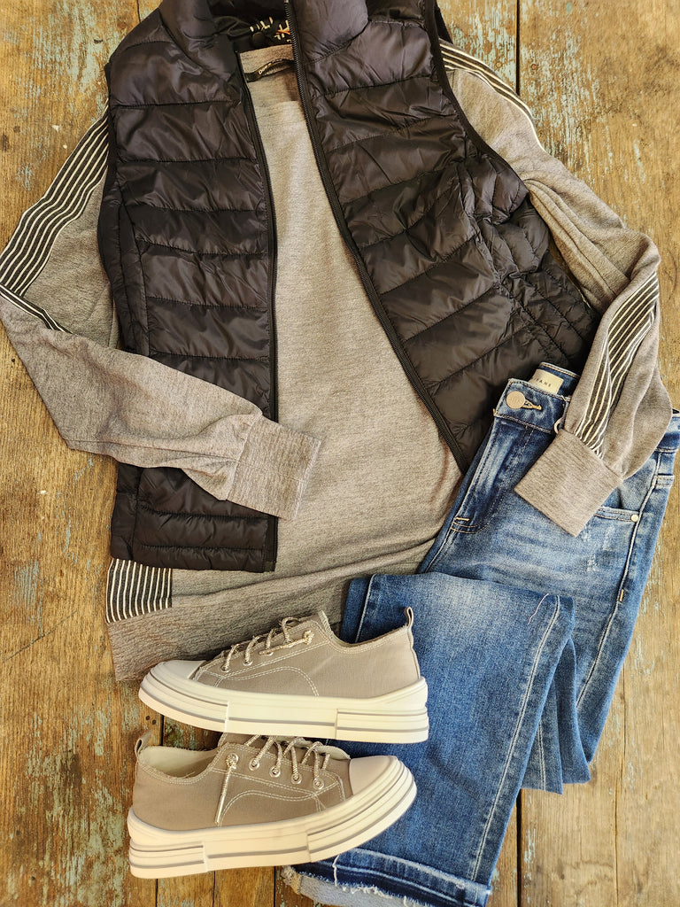 Heather Grey Striped Contrast Pullover