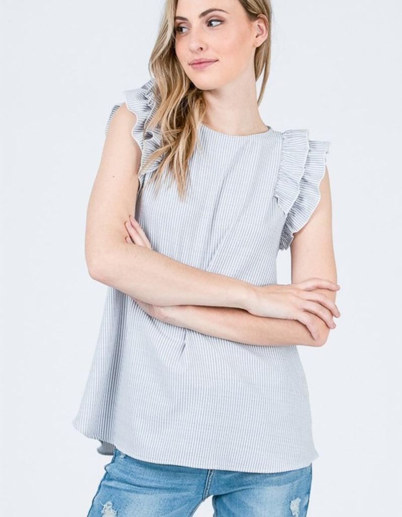 Grey Double Ruffle Sleeveless Pinstripe Top