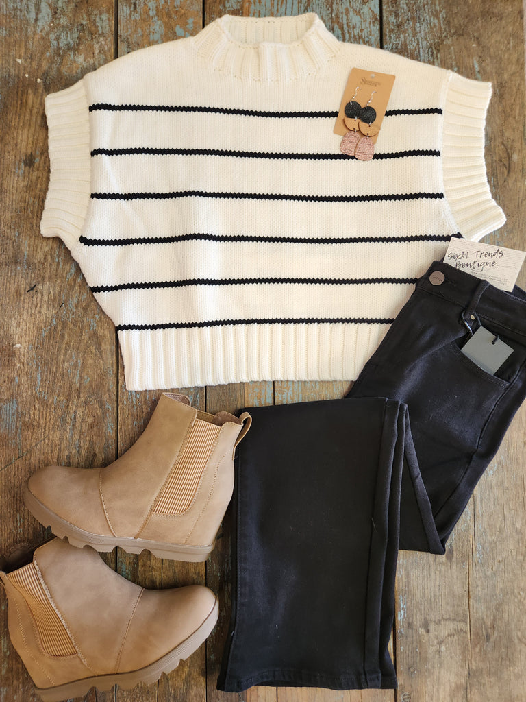 Ivory Striped Mock Neck Sweater