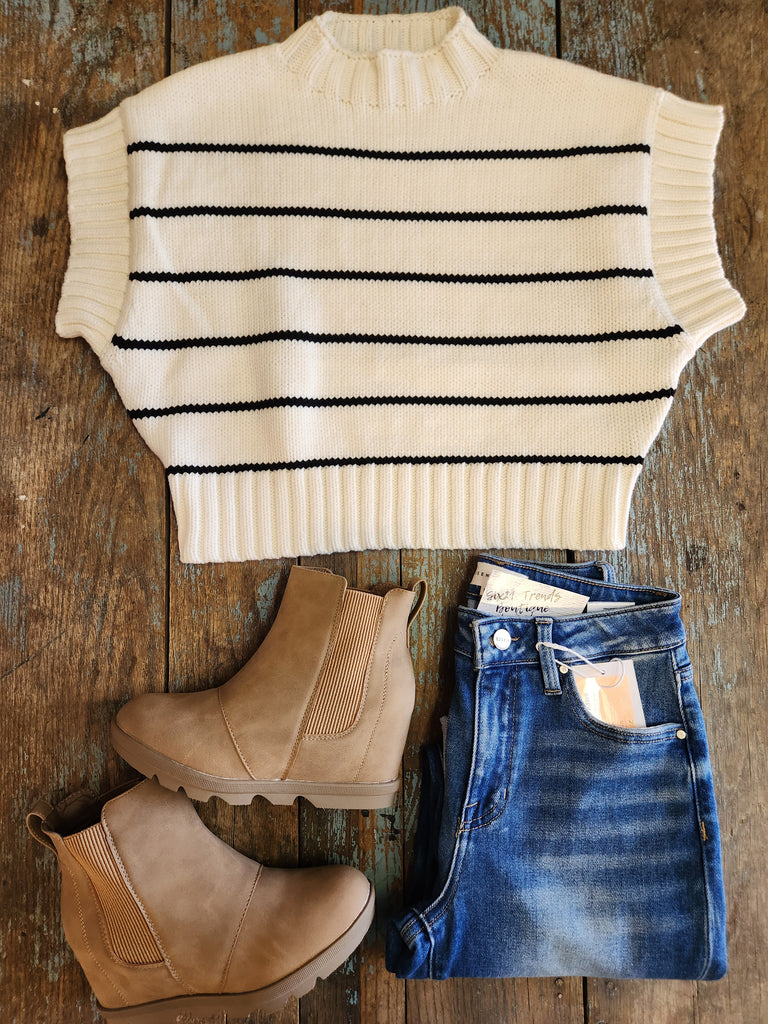 Ivory Striped Mock Neck Sweater