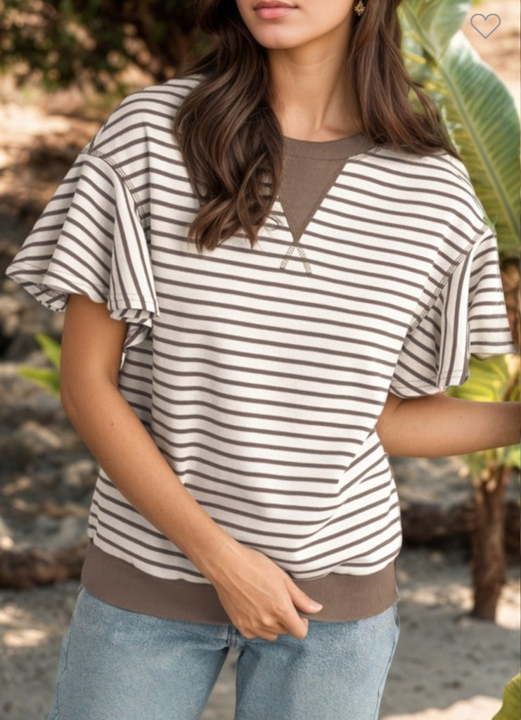 Khaki Striped Ruffle Round Neck Top