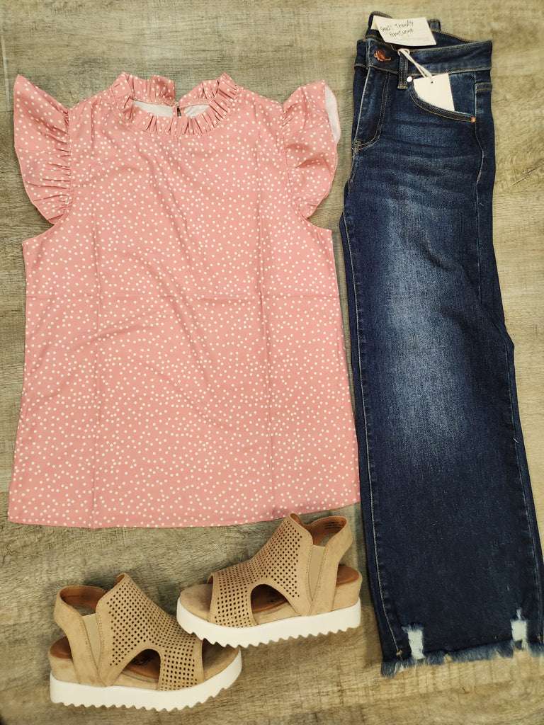 Pink Polka Dot Frilled Neck Ruffle Trim Blouse