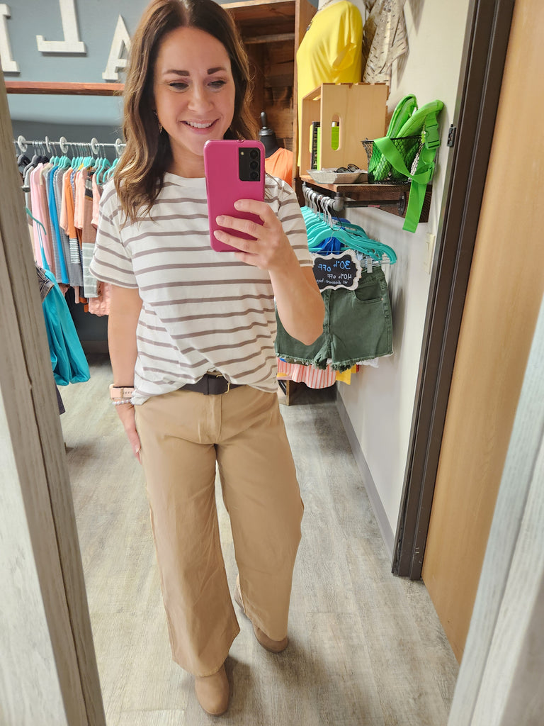 Khaki Belted Relaxed Leg Twill Stretch Pants