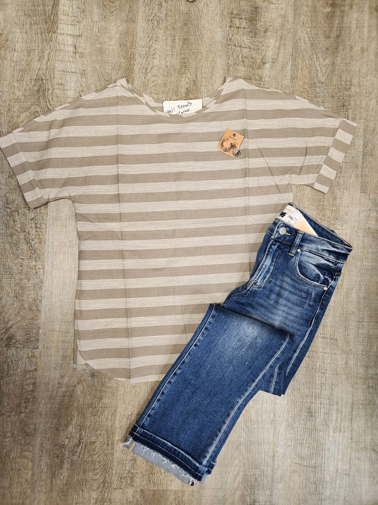 Ivory/Grey Drop Shoulder Striped Top