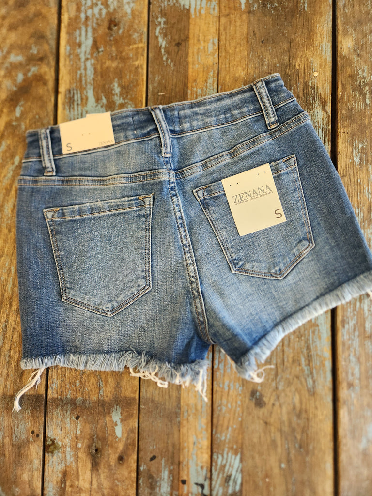 Zenana Mid Rise Raw Frayed Hem Denim Shorts