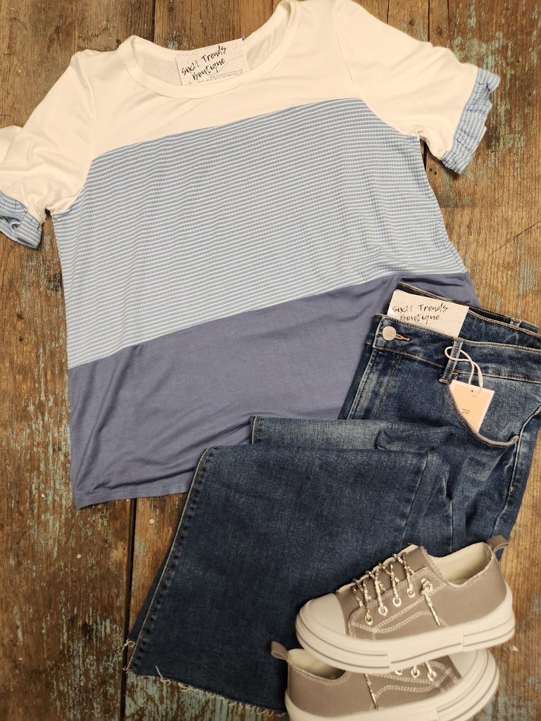 Curvy Blue Stripe & Color Block Mix Top