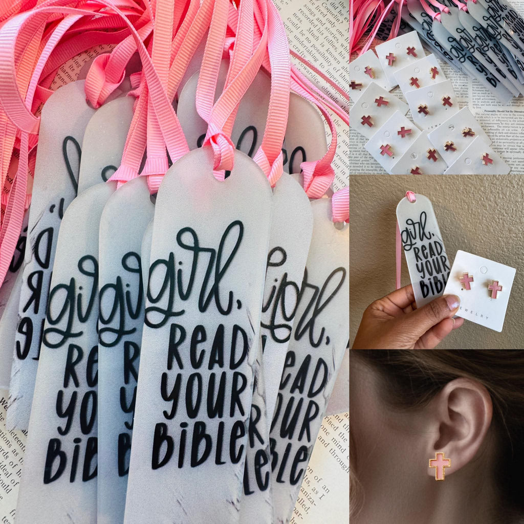 Pink Friday Acrylic Bookmark + Pink Cross Stud Earring Bundle