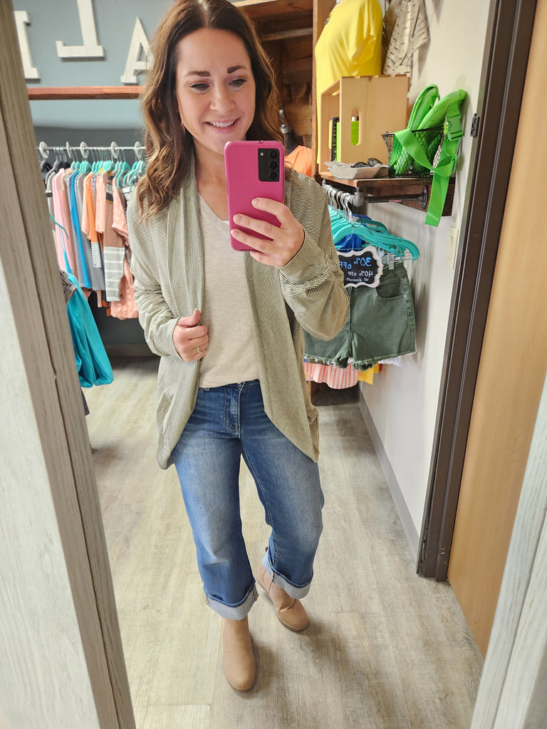 Olive Striped Curved Hem Open Cardigan