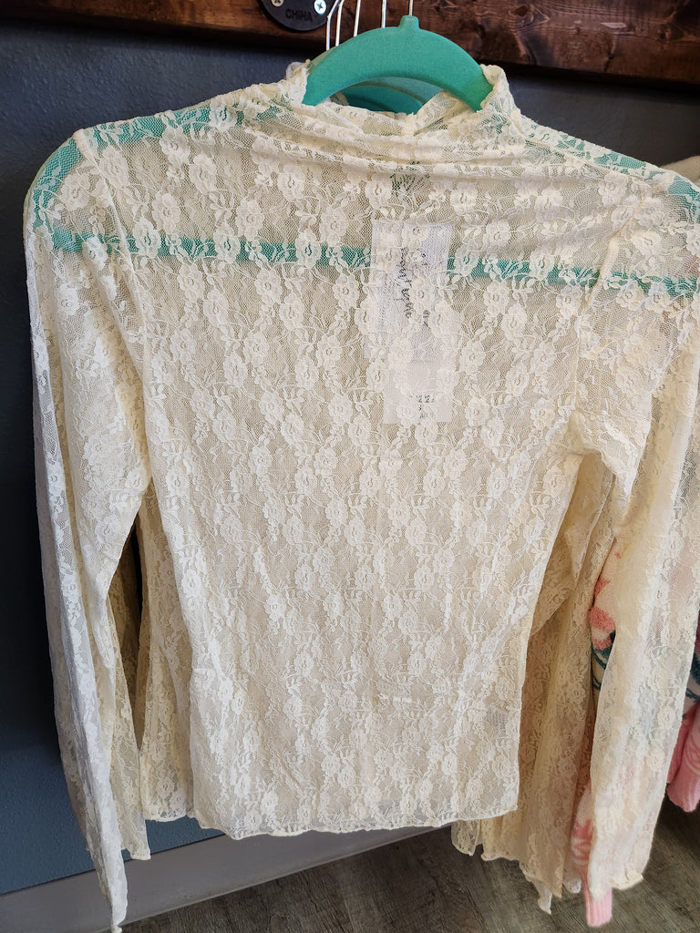 Champagne High Neck Fitted Sheer Mesh Lace Top