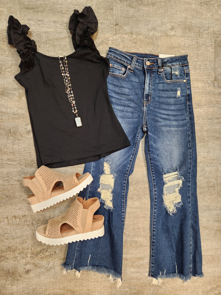 Black Ruffled Wide Strap Tank