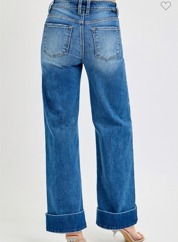 Risen Tummy Control High Rise Ankle Wide Cuffed Jeans