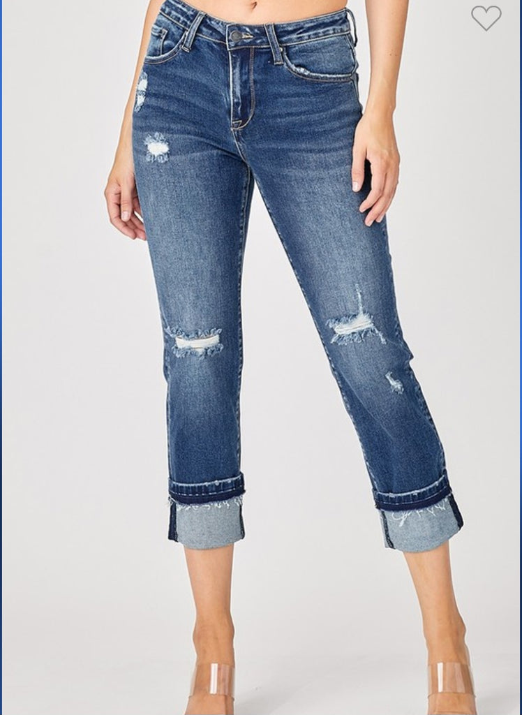 Risen Mid Rise Crop Straight Slim Jeans