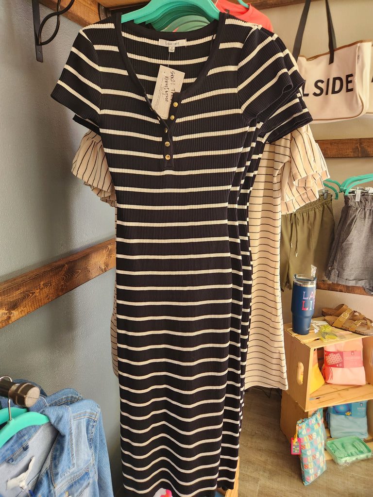 Black Striped V-Neck Midi Dress