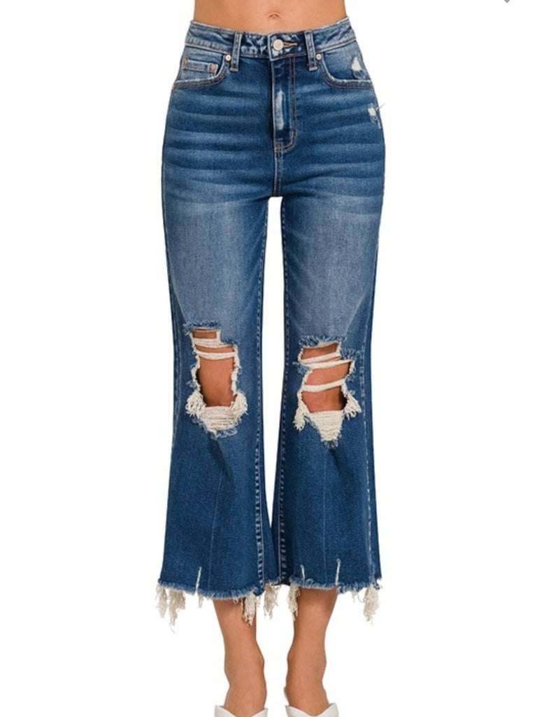Distressed Knee Raw Frayed Hem Cropped Denim
