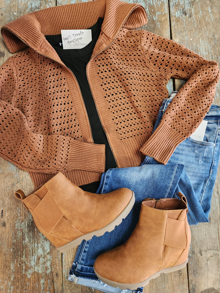 Caramel Zip-Up Open Knit Sweater Jacket