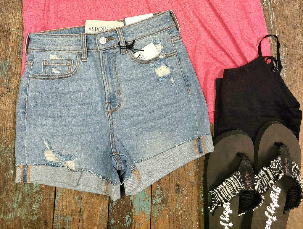 Distressed Cuffed Raw Hem Denim shorts