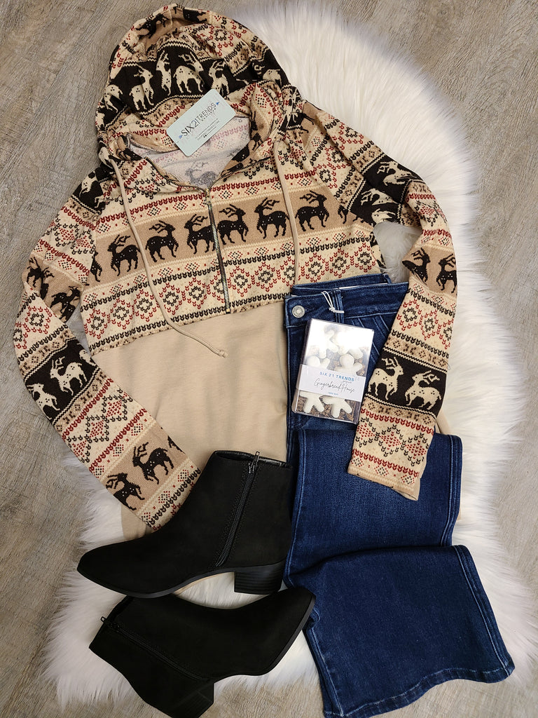 Taupe Reindeer Hoodie (DOORBUSTER)