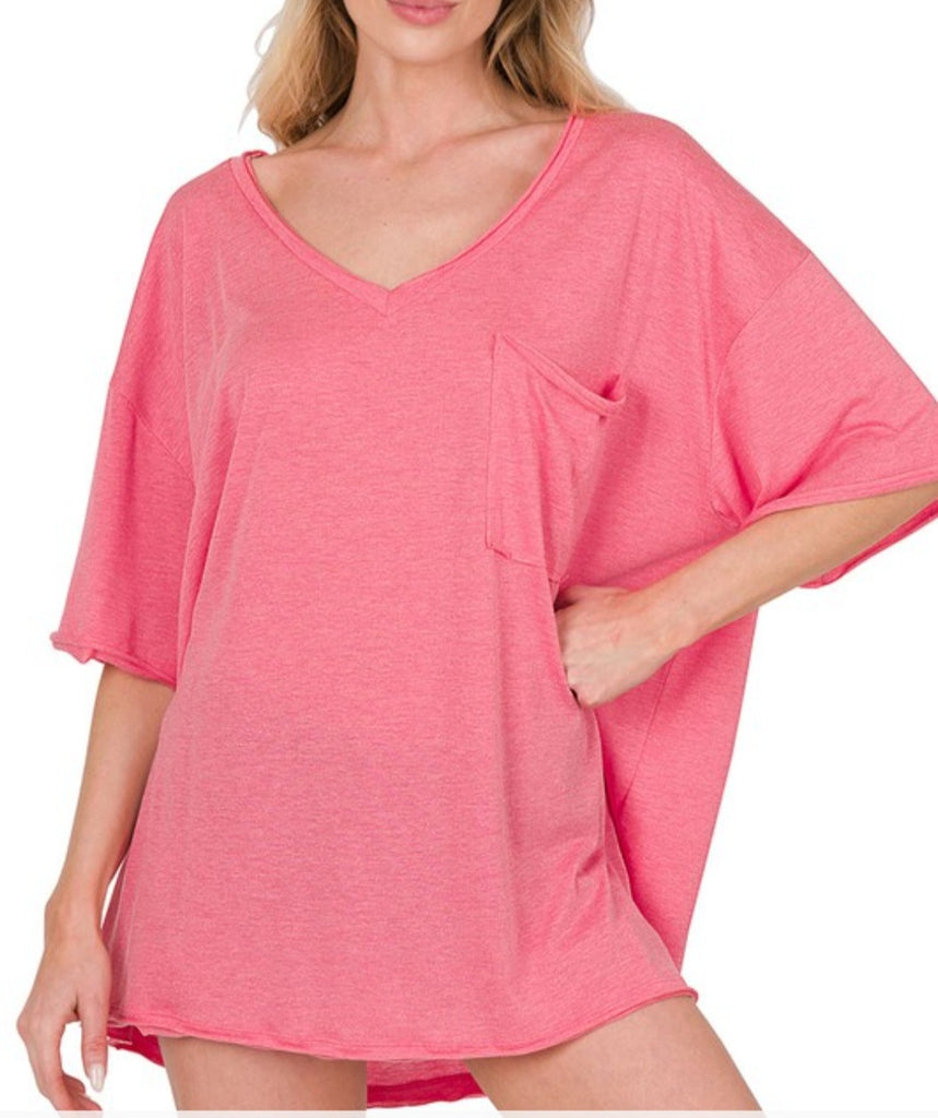 FuchsiaTri Blend Oversized Front Pocket Boyfriend Tee