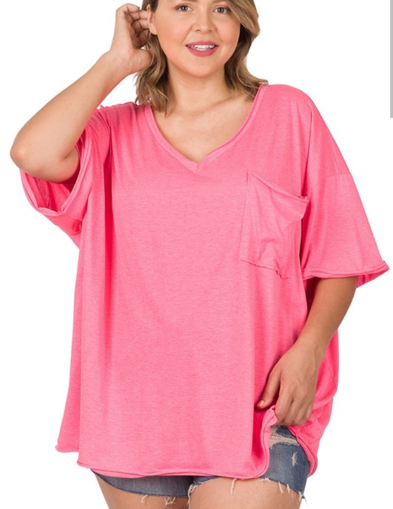 FuchsiaTri Blend Oversized Front Pocket Boyfriend Tee