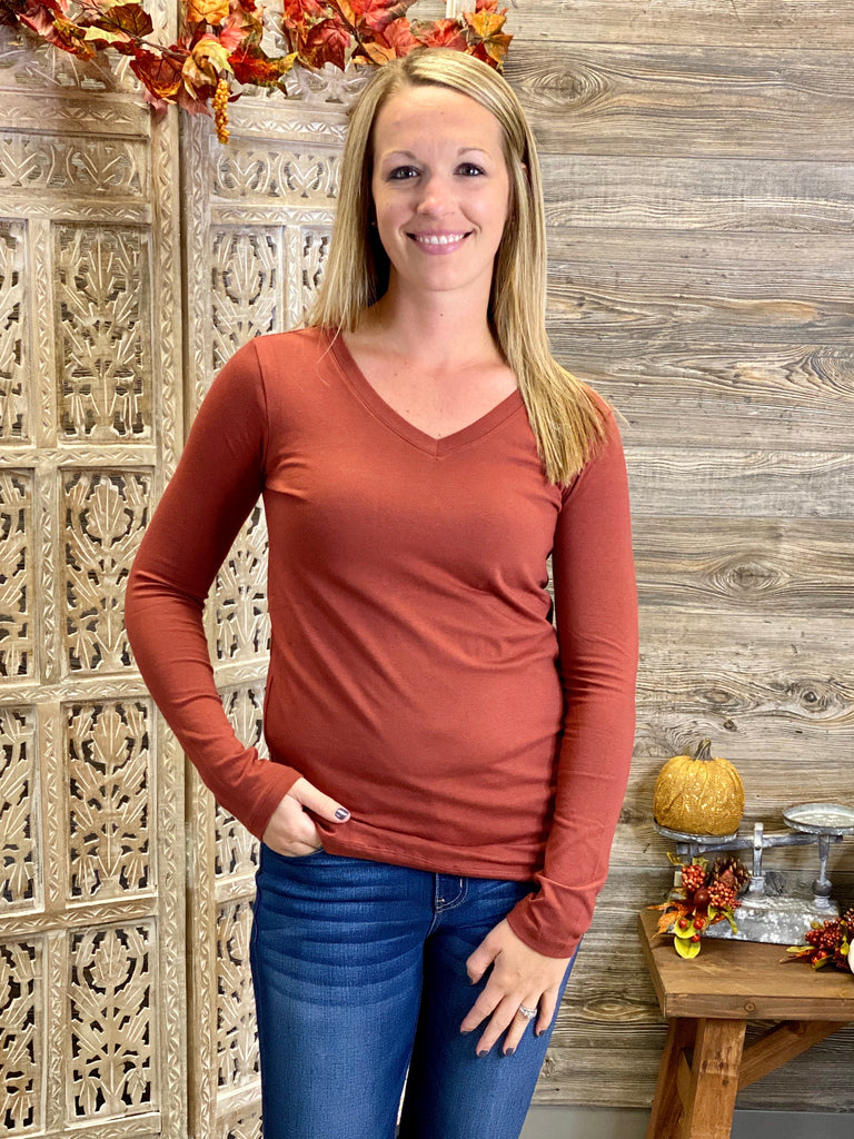 Cotton V-Neck Long Sleeve Top